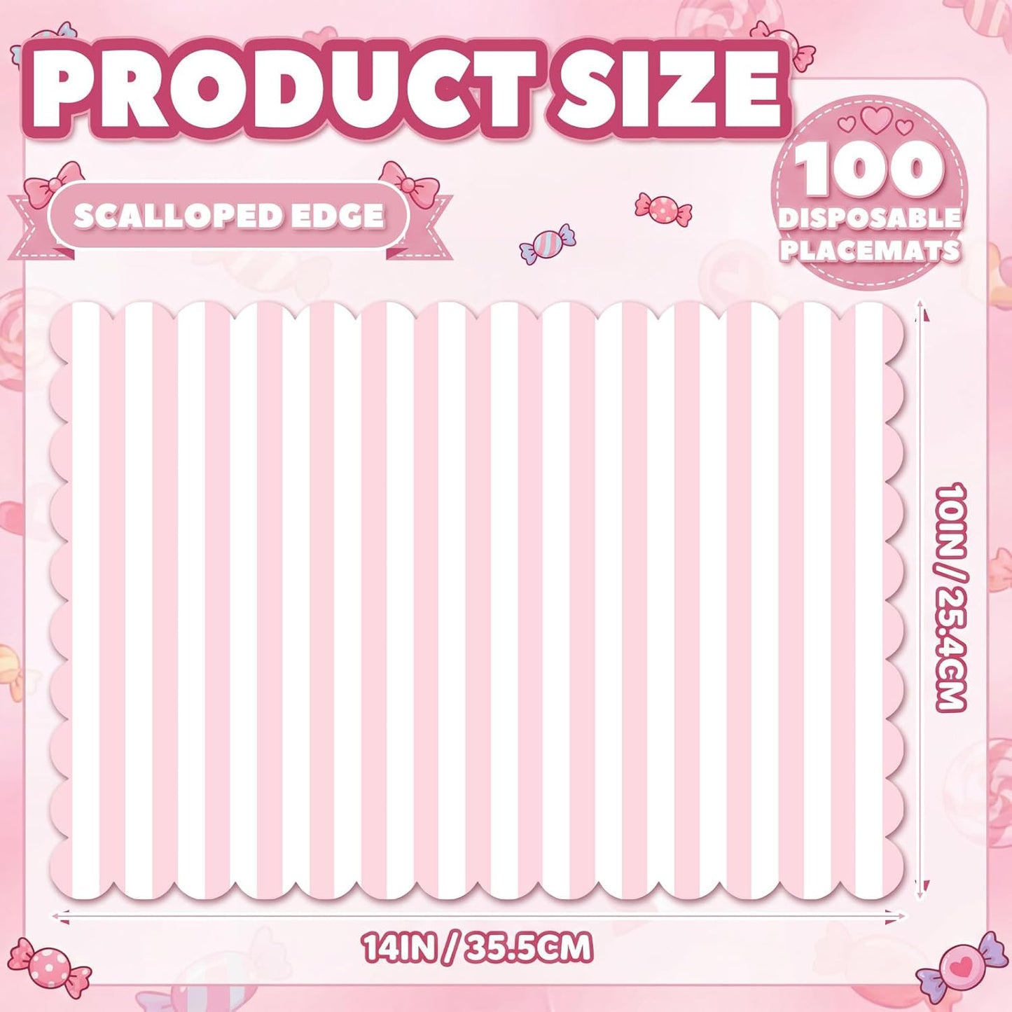 Tinlade 100 Pcs Pink and White Striped Paper Placemats 14 x 10 Inch Scalloped Pink Paper Placemat Disposable Table Place Mats for Wedding Bridal Shower Beach Party Home Table Kitchen Decoration