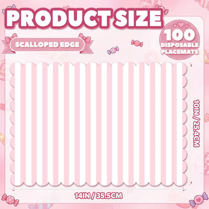 Tinlade 100 Pcs Pink and White Striped Paper Placemats 14 x 10 Inch Scalloped Pink Paper Placemat Disposable Table Place Mats for Wedding Bridal Shower Beach Party Home Table Kitchen Decoration
