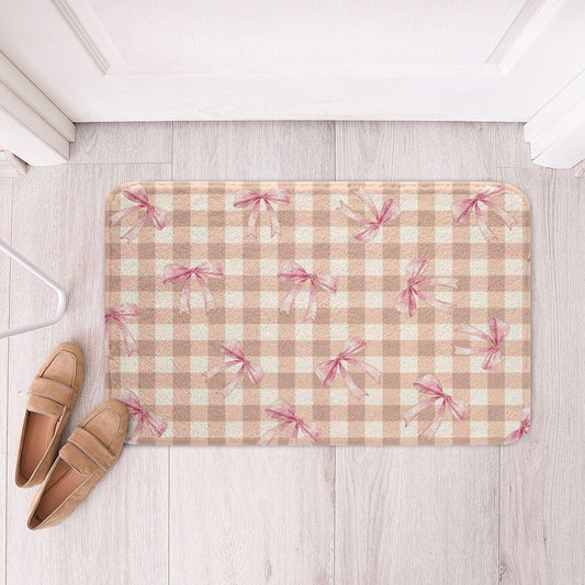 jejeloiu Bowknot Bathroom Rugs Checkerboard Bath Mats Microfiber Pink Bow Bathroom Accessories Plaid Floor Doormats Non-Slip 16"x24" Soft