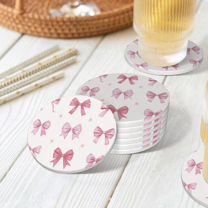 Nine Light Pink Bows Ceramic Coasters with Holder Set of 6 Coffee Cup Drink Coasters
