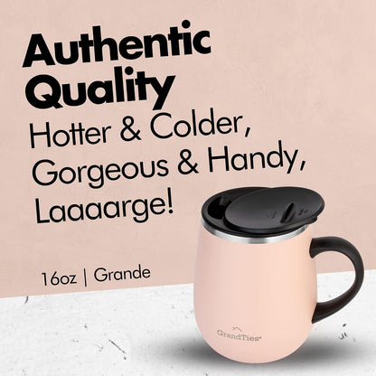 GRANDTIES Insulated Coffee Mug with Handle - Sliding Lid for Splash-Proof 16 oz Wine-Glass Shape Thermal Tumbler with Double Walled Vacuum Stainless Steel to Keeps Beverages Hot or Cold (Peach Crème)