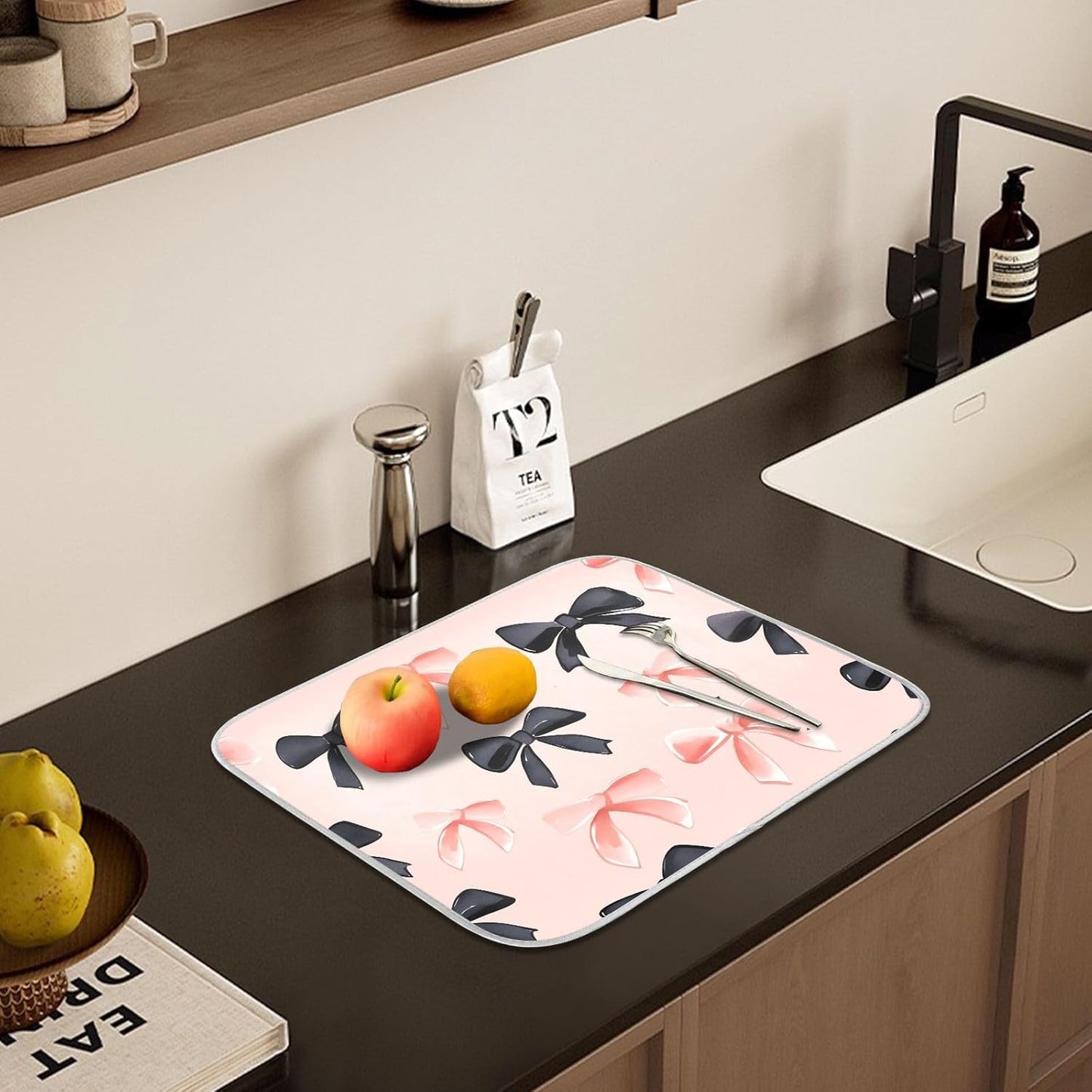 Pink Black Bows Dish Drying Mat Kitchen Counter Mats Dish Drying Pad for Dishes Absorbent 16×18in