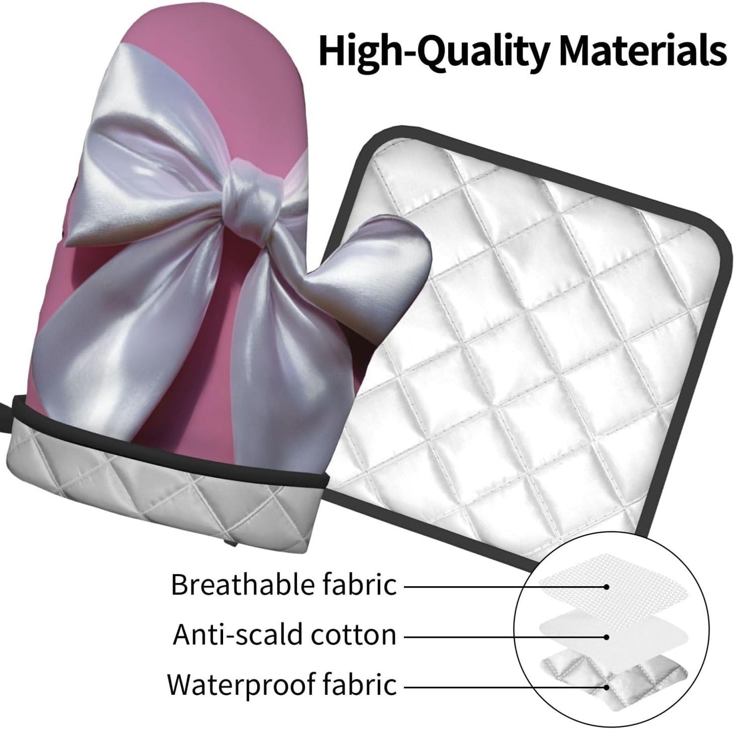 White Satin Bow On Light Pink Oven Mitts and Pot Holders Sets,Heat Resistant Potholder Kitchen Decor for Cooking Baking BBQ, Oven Glove Set