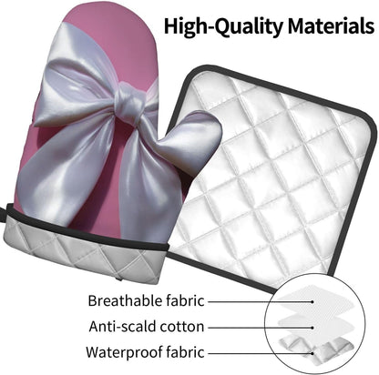 White Satin Bow On Light Pink Oven Mitts and Pot Holders Sets,Heat Resistant Potholder Kitchen Decor for Cooking Baking BBQ, Oven Glove Set