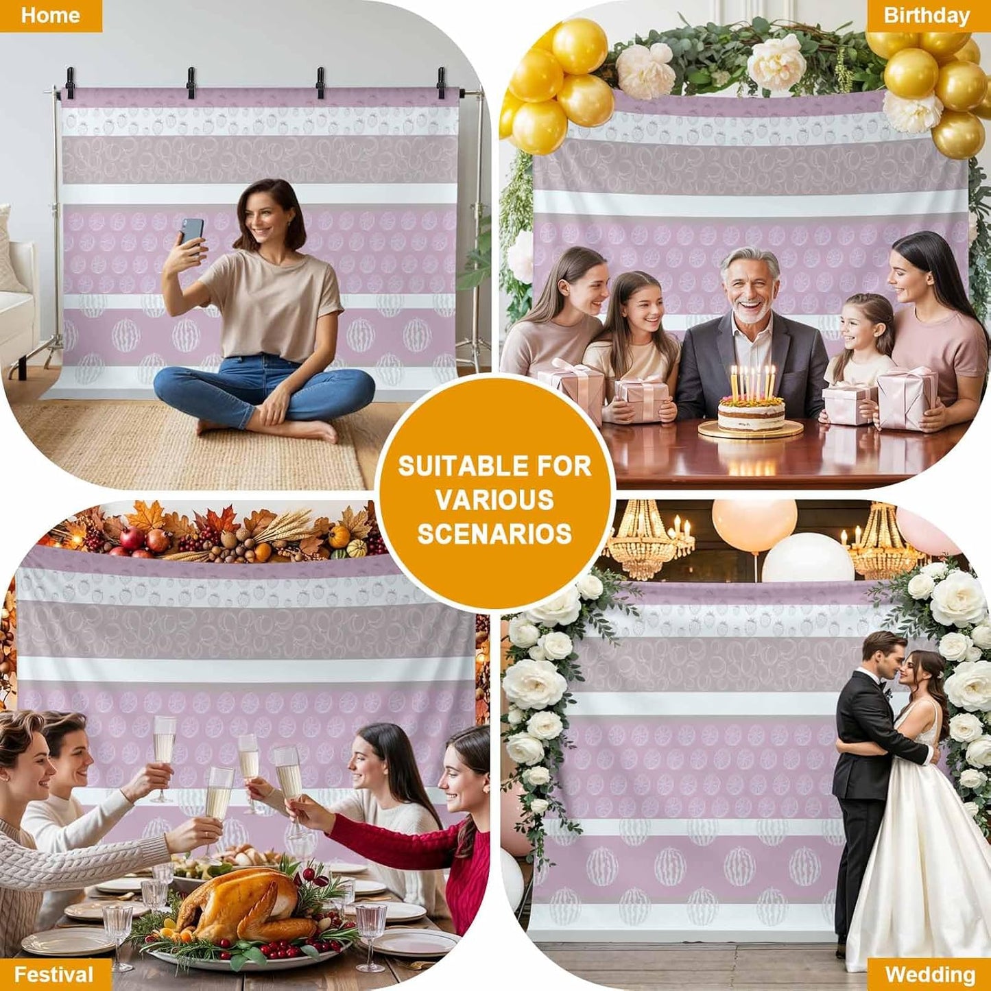 Farm Fruits Backdrop Background for Photography, Watermelon Lemons Peach Pink Grey Striped Photo Backdrop Curtains Fabric Backdrops for Photoshoot Birthday Baby Shower Wedding Party 12x8Ft
