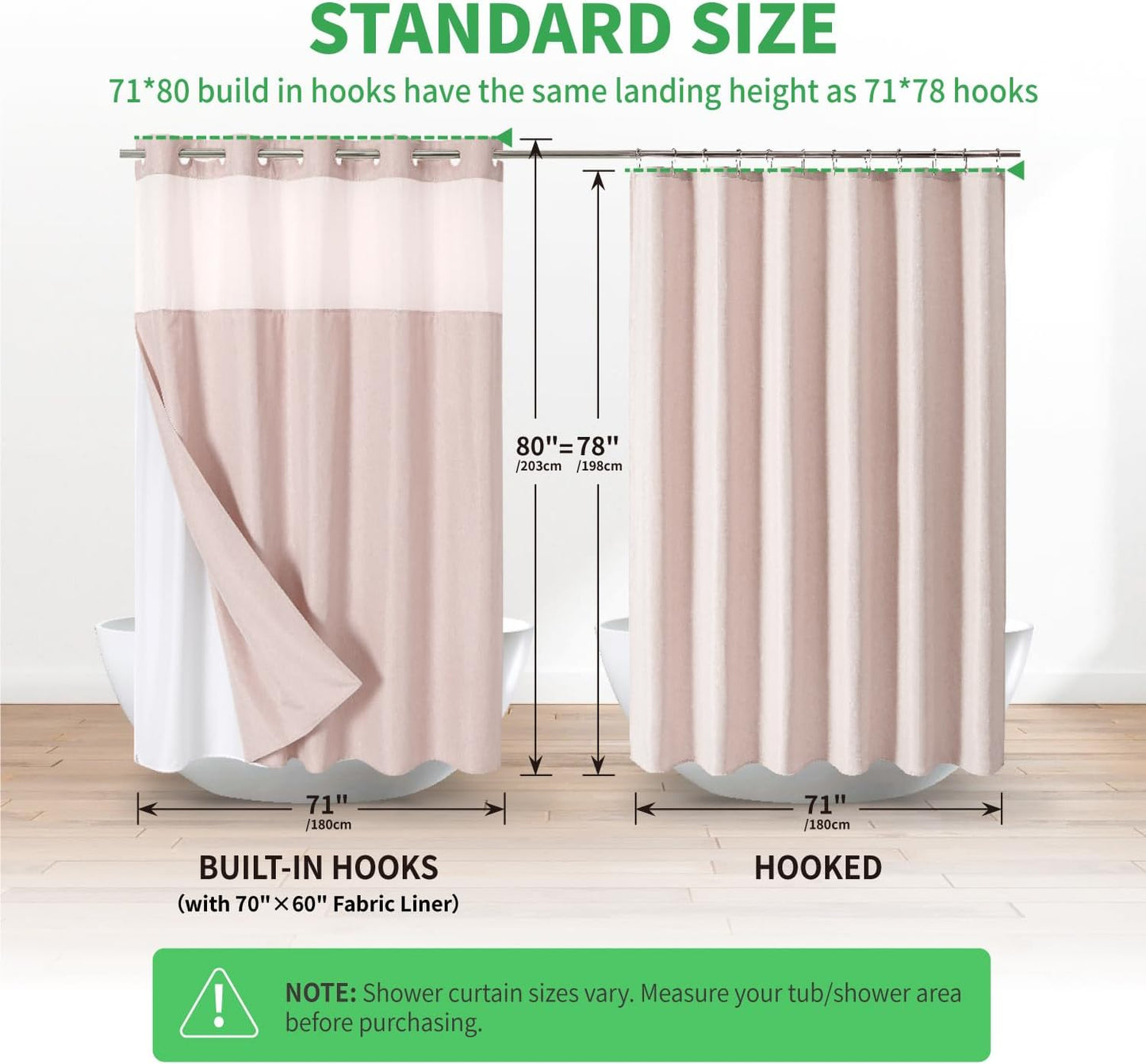 eachope Long No Hooks Needed Linen Textured Shower Curtain with Snap-in Fabric Liner Set,Blush Hotel Luxury Decor Shower Curtains for Bathroom,Waterproof & Washable,71Wx80H