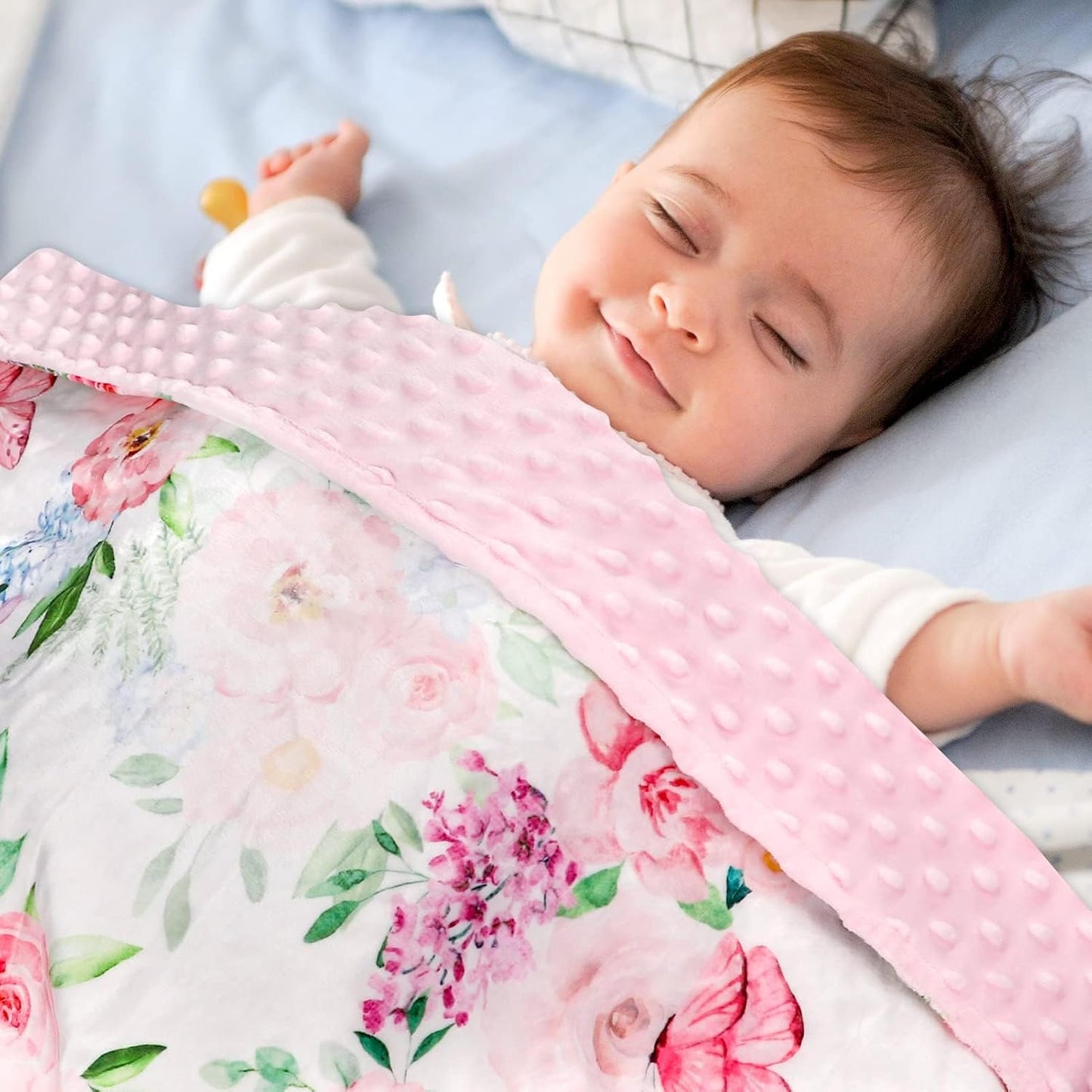 Baby Blankets for Girls, Soft Pink Minky Toddler Blanket 30x40 Inches, Double Layer, Dotted Backing, Floral Baby Crib Blanket for Nursery, Baby Car Seat, Pet, Pink Flower & Butterfly