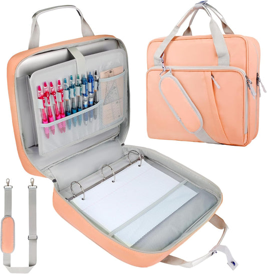 SIYNPAV 3 Ring Zipper Binder Bag 2 Inch with Shoulder Strap, Waterproof Nylon Binder with Zipper for 500 Sheet Capacity, Multi-Pocket Portfolio Organizer Case for 13 Inch Laptop Middle School (Peach)