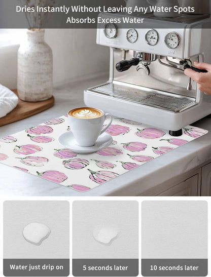 Coffee Mat for Countertops Fall Thanksgiving Light-pink Pumpkin Pattern Absorbent Dish Drying Mat for Kitchen Counter Coffee Bar Accessories Rubber Backed for Espresso Machine 18" x 24"