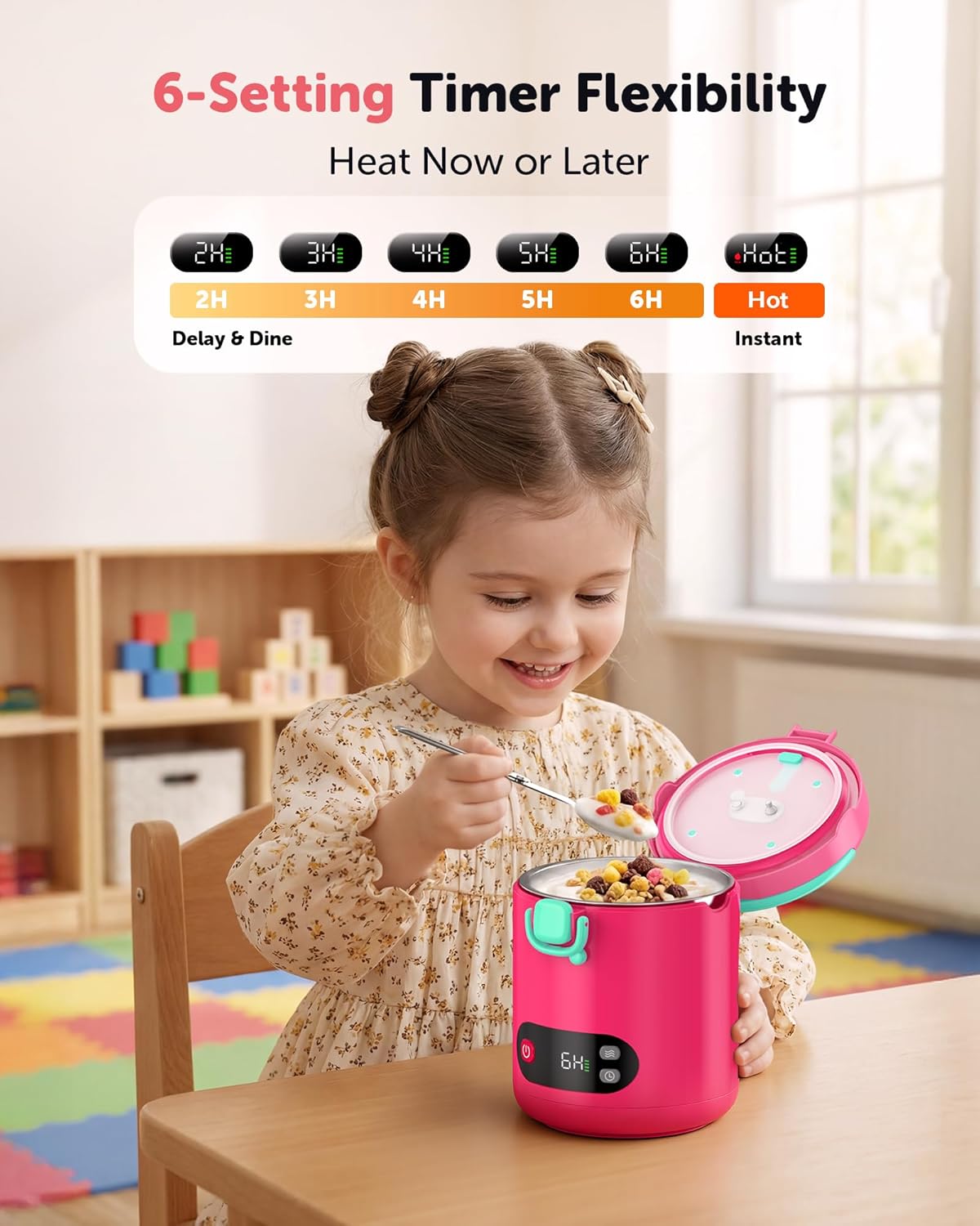 EAST OAK Heated Lunch Box for Kids, 13oz Cordless Electric Lunch Box with Temp Settings & Timer, Portable Food Warmer, 304 Insulated Food Container & Jar, BPA-Free for Early School(Pink)