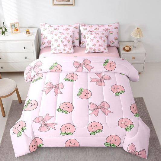 Erosebridal Bowknot 7 Piece Bedding Set Twin Peach Comforter Set with Sheets Cute Cartoon Peaches Kawaii Pink Bow Bed in a Bag Fruit Princess Ribbon Bowtie for Kids Boys Girls