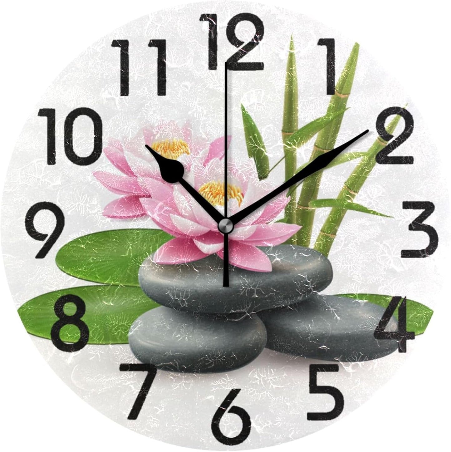 Pretty Large 10 Inch Zen Stones Bamboo Pink Lotus Flower Decor Round Wall Clock,Battery Operated Analog Quiet Non Ticking Desk Clock for Home/Kitchen/Living Room/Bedroom/Bathroom/Office