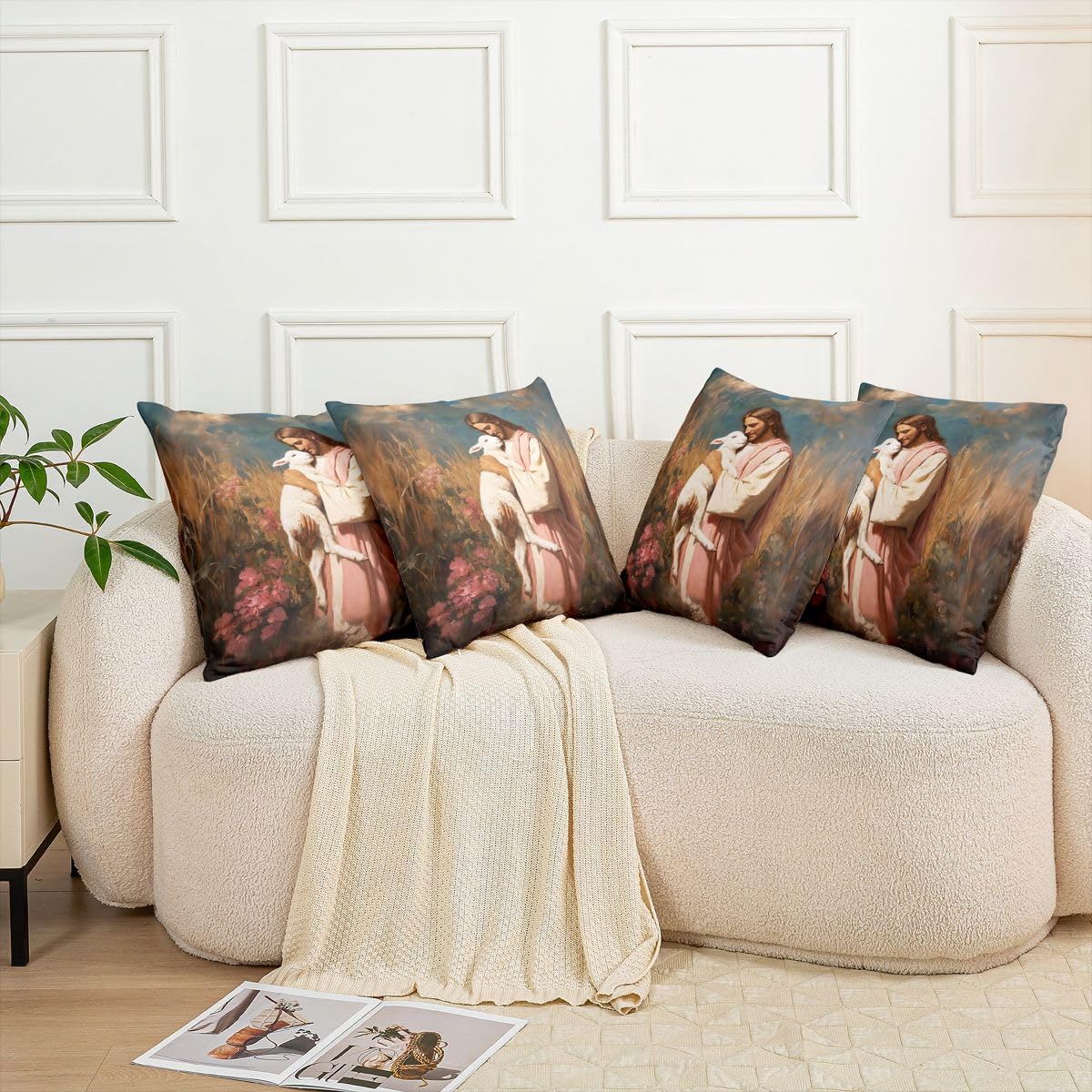 Manfei Man Holding Lamb Kids Throw Pillow Cover,Pink Yellow Spiritual Faith Double Sides Pillow Case,Inspirational Verse Home Decor,Flowers The Lost Lamb Couch Sofa Cushion Cover,1 Pack 22"x22"