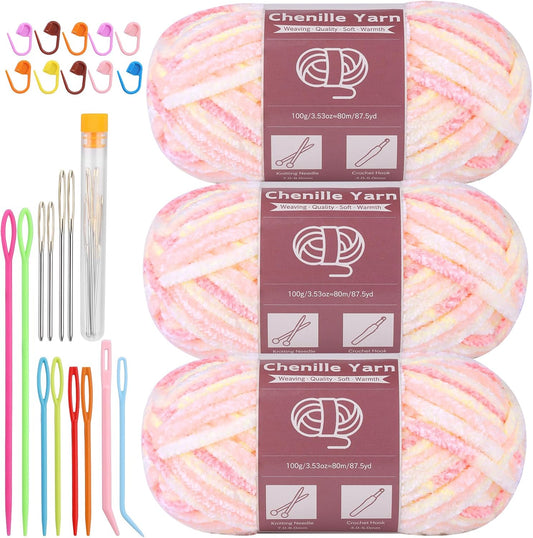 Lunarm Chenille Yarn for Crocheting Knitting, 3 Pack of 100g/3.5oz Velvet Yarn Thick Soft Chunky Fluffy Weaving Plush for Blankets Clothes Pattern Creations 263 Yard(Peach Pink Gradient)