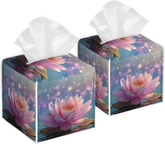Pink Lotus Flower Tissue Box Cover, Set of 2 Square Leather Tissue Holder Organizer Portable Decorative Facial Paper Case for Home Office Bathroom Vanity Countertop