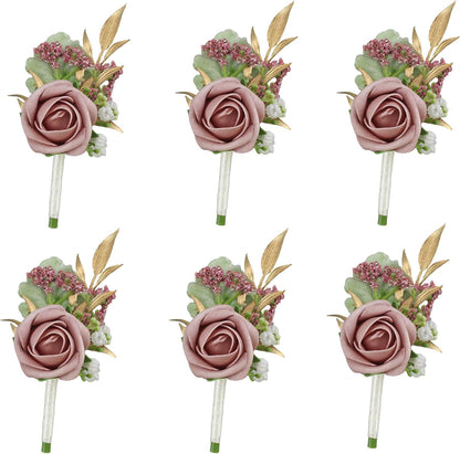 Dusty Pink Faux Foam Rose Boutonnieres for Men Wedding Prom 6Pcs | Artificial Foam Rose Boutonnieres for Wedding Prom Groom Groomsman Homecoming Ceremony Anniversary Party