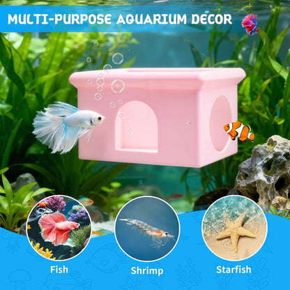 Floating Betta Fish Hammock Cave House for Aquarium, 3D Printed Betta Shrimp Feeder & Hideout Cave Toys, Small Aquarium Feeding Ring Decor, Turtle Fish Tank Decorations Accessories -Pink