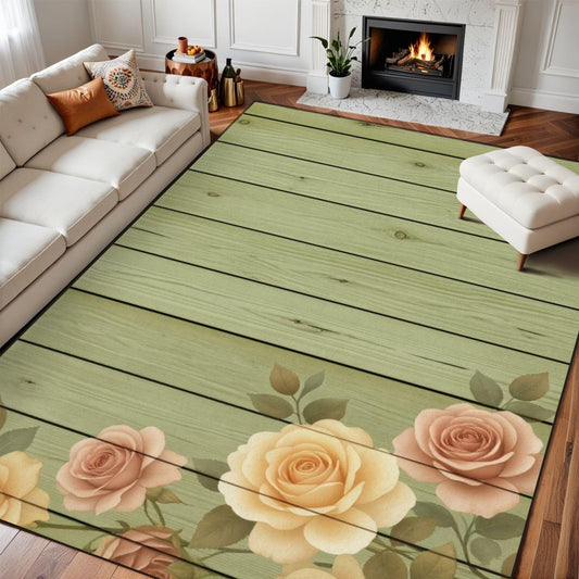 10x14 Area Rugs for Bedroom Boho Washable Rug for Living Room Vintage Peach Pink Roses Floral Light Green Wooden Extra Large Soft Rubber Backed Non-Slip Carpets for Office Dining Room
