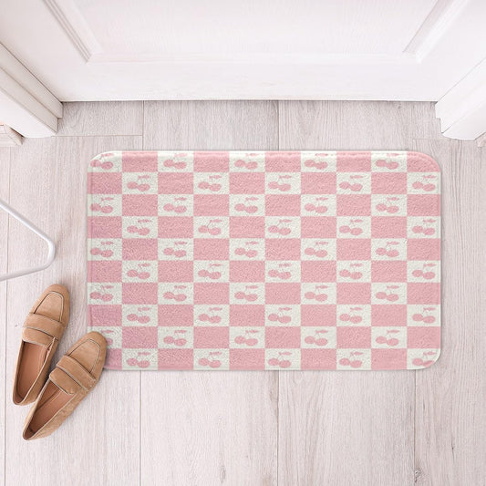 Feelyou Checkered Bathroom Rugs Cherry Pink Bath Mats Microfiber Plaid Bathroom Accessories Checkerboard Cherry Floor Doormats Non-Slip 16"x24" Soft