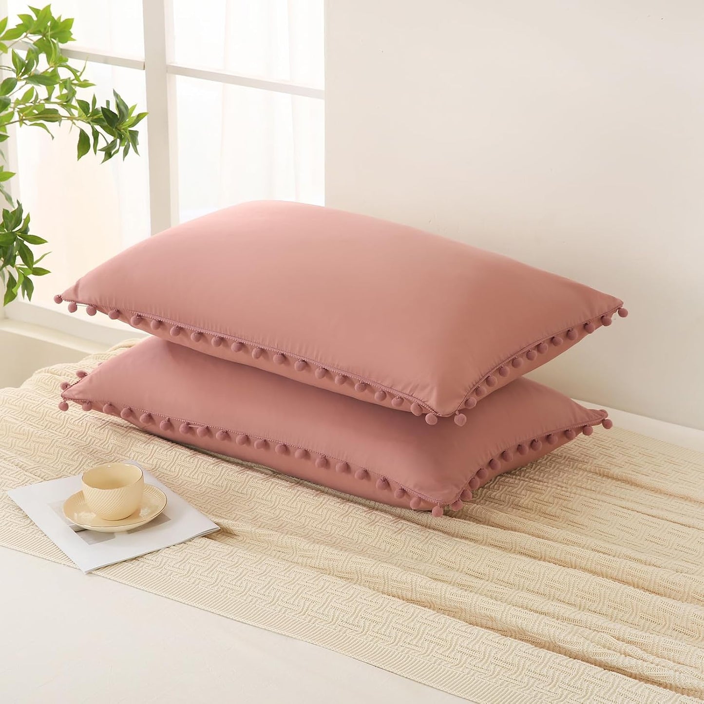 Bean Paste Pink Pom Poms Pillowcases, Standard Queen Pillow Cases Set of 2, 100% Washed Microfiber,Pink Ball Fringe Pillow Cover, 2 Pack (Queen, Bean Paste)