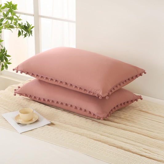Bean Paste Pink Pom Poms Pillowcases, Standard Queen Pillow Cases Set of 2, 100% Washed Microfiber,Pink Ball Fringe Pillow Cover, 2 Pack (Queen, Bean Paste)
