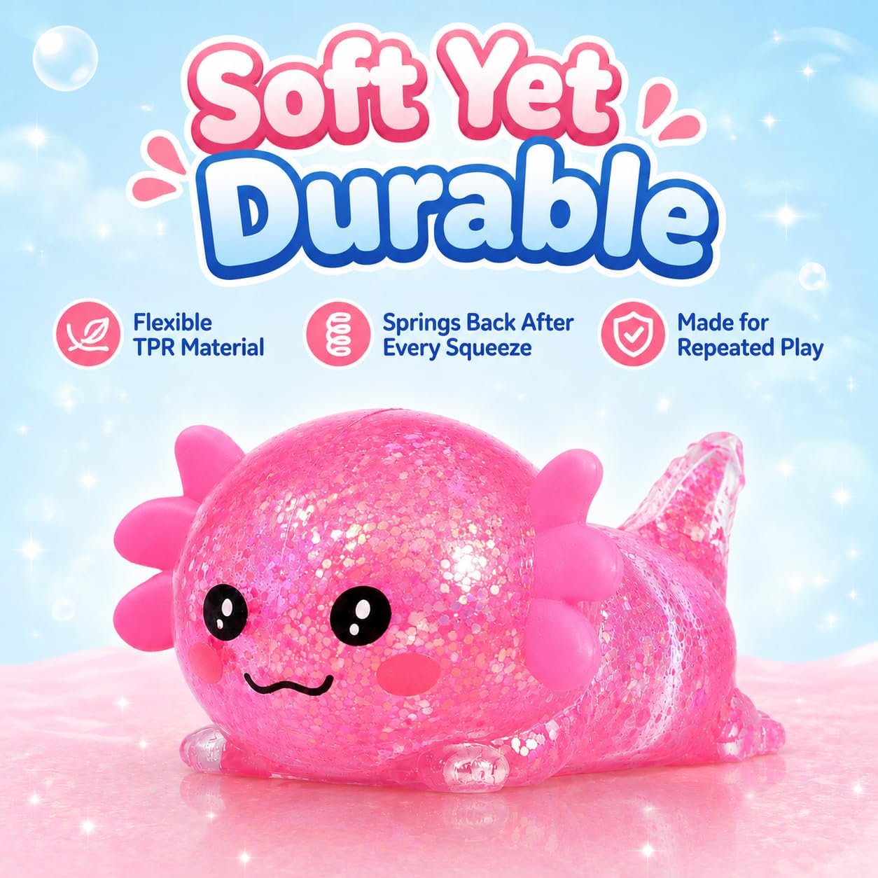 Axolotl Squishy Stress Ball, Soft TPR Slow Rising Squeeze Toy, Cute Axolotl Fidget Toy for Stress Relief, Anxiety Calming Sensory Toy for Kids Adults(Pink Lie Axolotl)