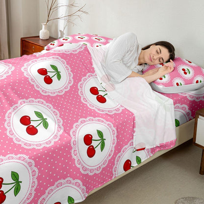 Manfei Cute Cherry 3pc Bedding Set Polka Dots Fruits Deep Pocket Bed Cover for Kids Boys Girls Princess Style Sheet Set(Queen Flat & Fitted Sheet with 2 Pillow Cases),Peach Pink