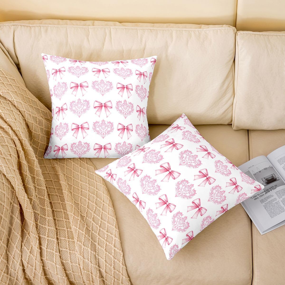 Manfei Cute Bowknot Kids Throw Pillow Cover,Damask Floral Antique Victorian Double Sides Pillow Case,Bow Tie Baroque Romantic Home Decor,Light Pink Bed Couch Sofa Cushion Cover,2 Pack 18"x18"