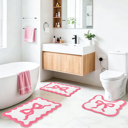 Pink Bow Bathroom Rug Mat Set 3 Piece, Microfiber Shaggy Bath Set, Non-Slip Ultra Soft Carpet Mats, Absorbent with U-Shaped Toilet for Bathroom, Tub, Shower (Pink)