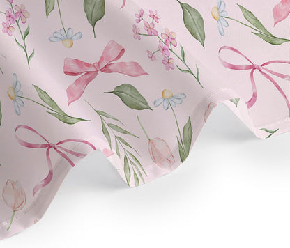 Pink Bow Floral Shower Curtain Bows with Vintage Flower Pink and Green Shower Curtain Set for Girls Bathroom Summer Wildflower Plant Cute Bathroom Shower Fabric Curtains with Hook,60x72 Inch