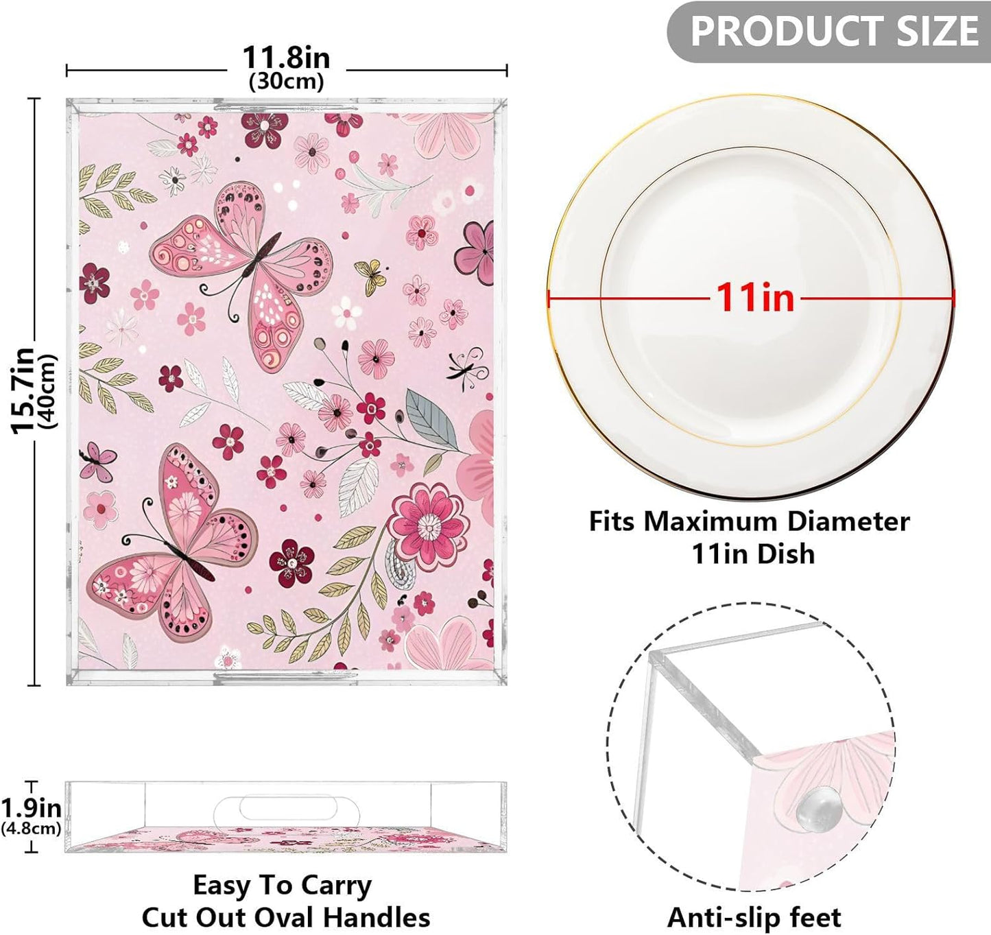 Butterfly and Flowers Pink Serving Tray 12" x 16" Acrylic Trays with Handles Decorative Serving Platter for Coffee, Breakfast in Bed, Dinner, Appetizers, Patio, Party