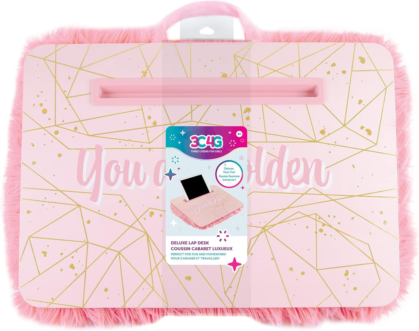 3C4G Pink & Gold Deluxe Fur Lap Desk, Take Tech on The Go, Includes a Media Slot that Perfectly Holds Tablets & Phones, for Ages 6 and up by Make It Real