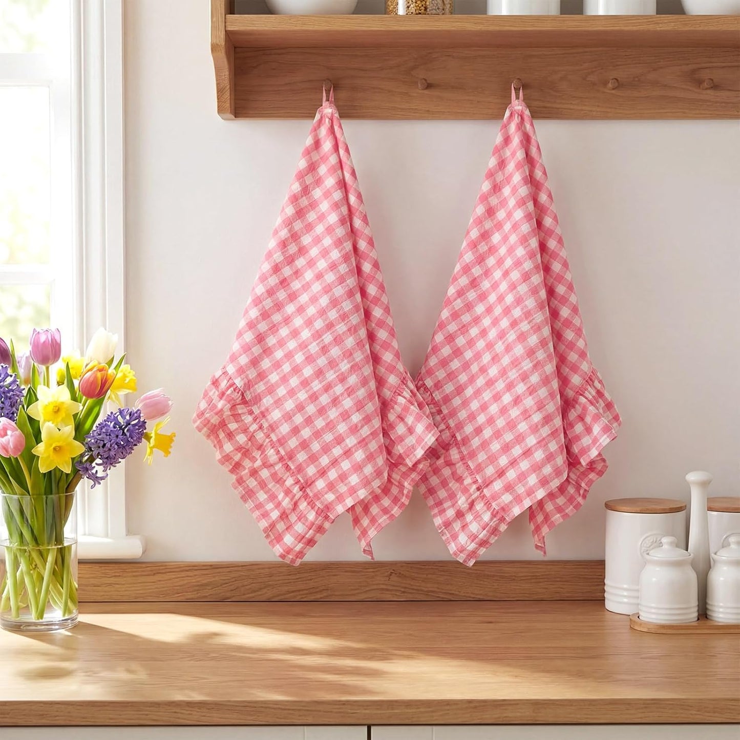 HunnmingRe Watermelon Pink Kitchen Towels Set of 2, 100% Cotton Ruffled Gingham Dish Towels 18"x28" Tea Cloths Classic Plaid Pattern for Farmhouse Charm, Drying Dishes, Entertaining Guests