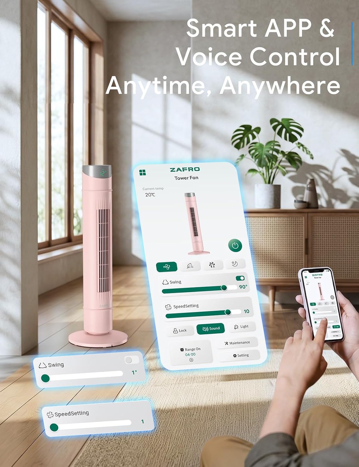 ZAFRO Smart Tower Fan for Bedroom,120° Oscillating Tower Fan,28ft/s High-Speed 12 Speeds 4 Modes,Upgraded DC 22dB Ultra Quiet,App/Voice Control,Standing Fan with 12H Timer,36Inch,Pink