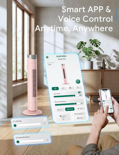ZAFRO Smart Tower Fan for Bedroom,120° Oscillating Tower Fan,28ft/s High-Speed 12 Speeds 4 Modes,Upgraded DC 22dB Ultra Quiet,App/Voice Control,Standing Fan with 12H Timer,36Inch,Pink