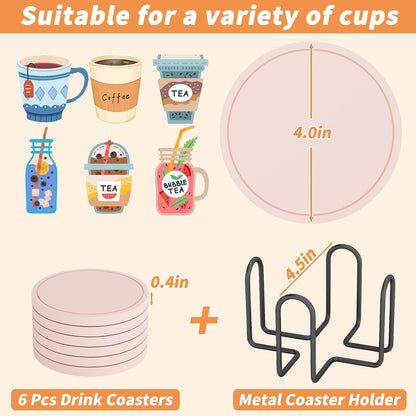 Azhou 6Pcs Drink Coaster with Holder, Pink Absorbent Coasters for Drinks, Non-Slip with Velvet Bottom, Thick Heavy Duty 4 inch Ceramic Coasters, Home Decor Coffee Bar Accessories