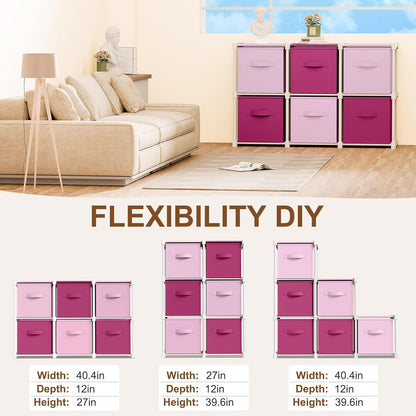 Briwooody 6 Cube Storage Organizer Bins with Shelf 11x11 Cabinet Drawer Dresser Closet Organizer and Storage Fabric Toy Boxes for Nursery Playroom Back to School Dorm for Clothes (Pink,Rose)
