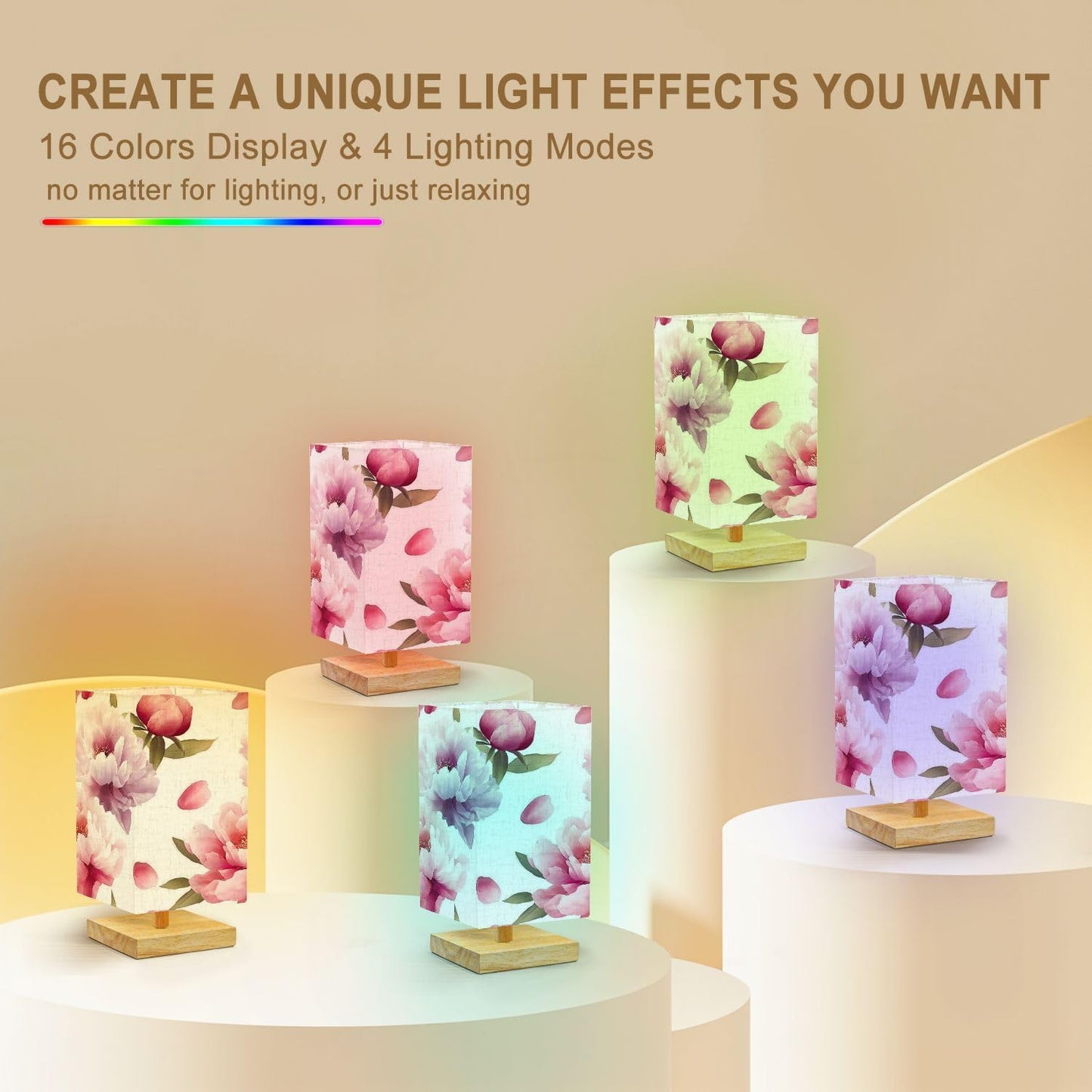Square Table Lamp for Bedroom Soft Pastel Peony Floral Light Pink Purple Flowers Beside Lamps Desk lamp with Wood Base Nightstand Lamps for Nursery Living Room Home Decor