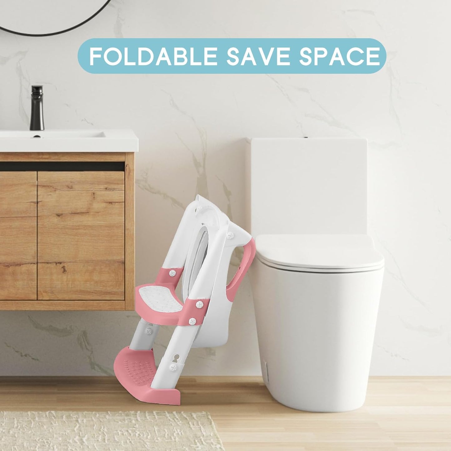 COOSEYA Potty Training Toilet with Step Stool Ladder, Toddler Kids Potty Training Seat for Boys Girls, Foldable Non-Slip Toilet Toddler Seat Splash Guard Soft Cushion Safety Handles (Pink)