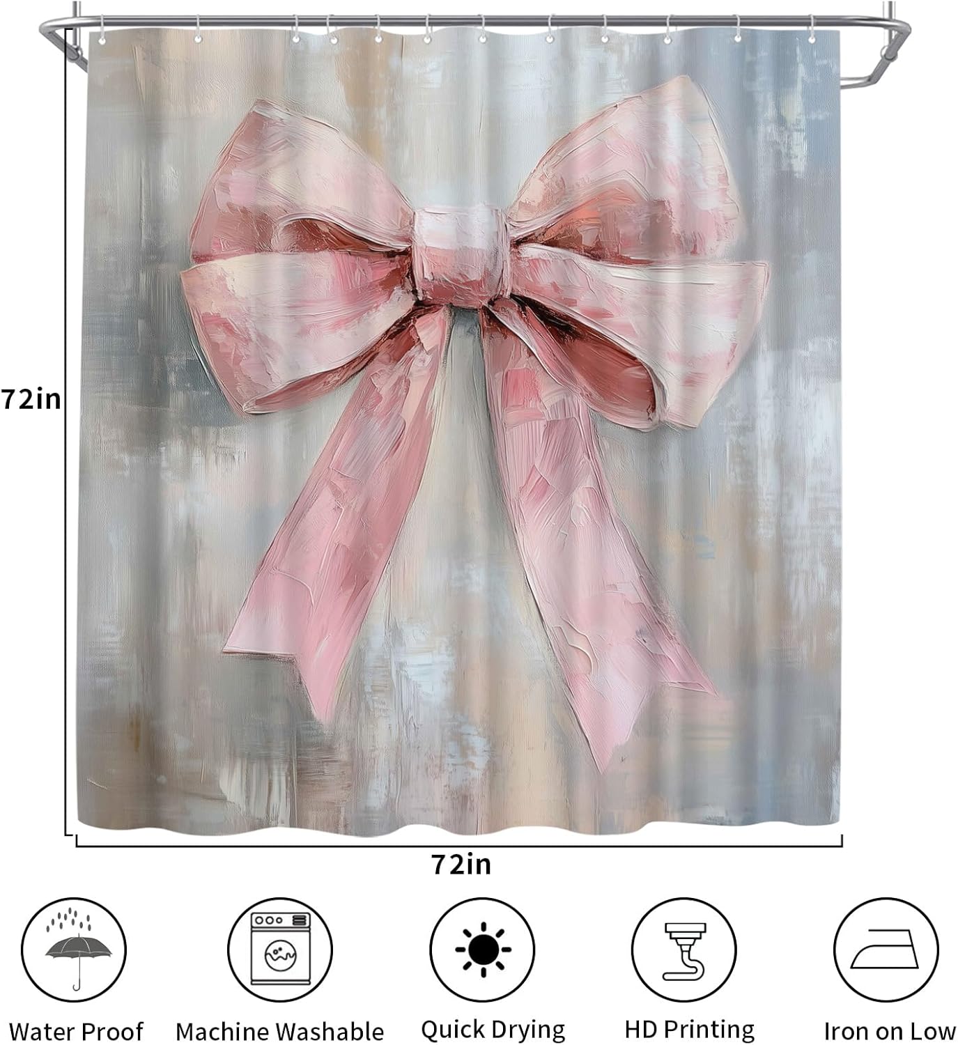 Pink Bow Shower Curtain - Cute Coquette Bowknot Shower Curtains for Bathroom - Waterproof Polyester Fabric with Hooks, 72X72inch