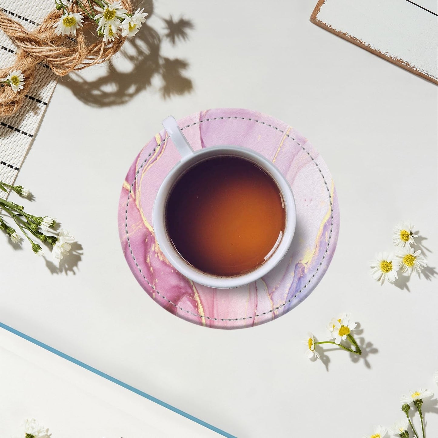 Coasters for Drinks PU Leather,Set of 6 with Holder,Round Housewarming Gift Home Decor,Pink and Golden Marble
