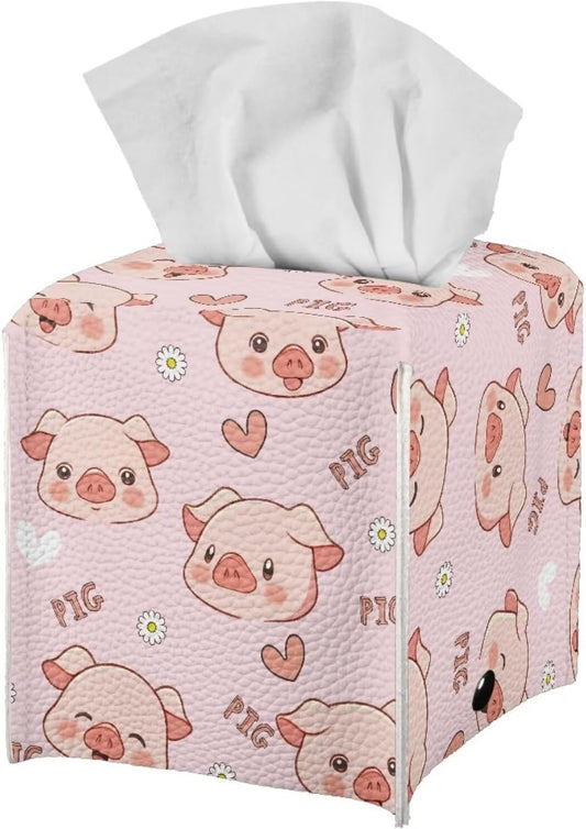 Modern PU Leather Tissue Cube Holder Hearts Pig Tissue Box Cover for Living Room Bedroom Print Square Tissue Box Holder Pink Desk Nightstand Facial Paper Organizer Home Decor