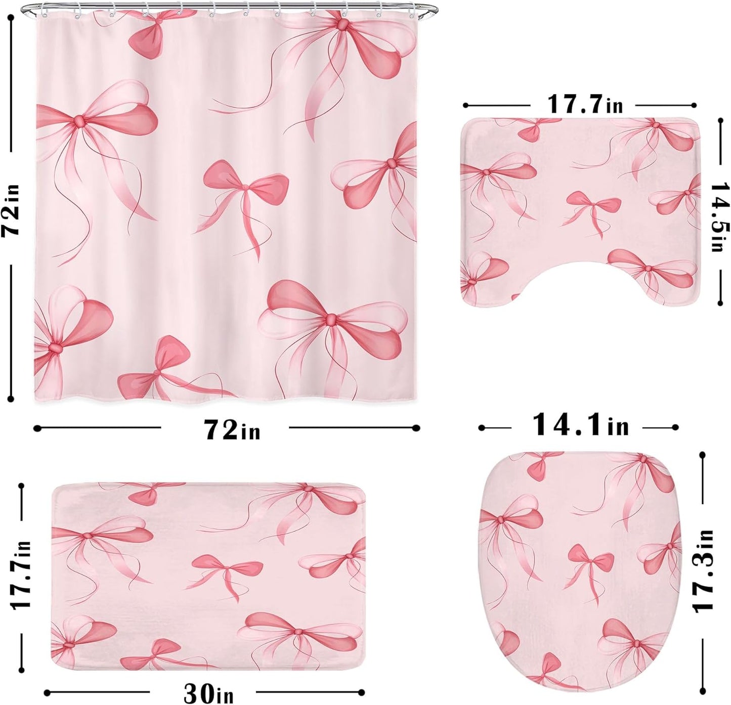 4 PCS Pink Bow Shower Curtain Set 72Wx72H,Toilet Lid Cover,Non-Slip Rugs and U-Shaped Mat,Cute Girly Pink Bathroom Sets with Rugs Shower Accessories 12 Hooks for Bathroom Decor