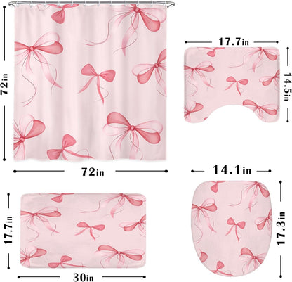 4 PCS Pink Bow Shower Curtain Set 72Wx72H,Toilet Lid Cover,Non-Slip Rugs and U-Shaped Mat,Cute Girly Pink Bathroom Sets with Rugs Shower Accessories 12 Hooks for Bathroom Decor