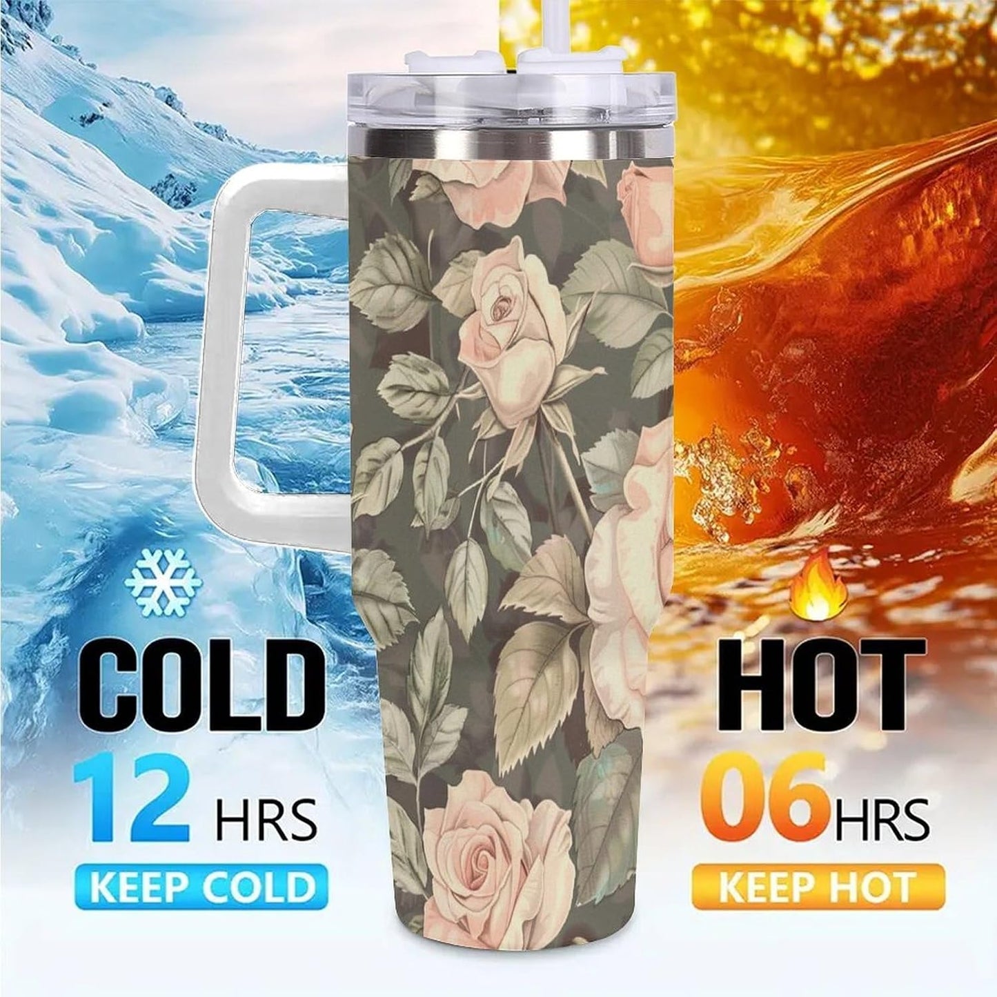 40oz Tumbler with Handle, Peach Roses Green Leaves Pattern Printed Stainless Steel Travel Mug, Insulated Car Cup with Straw, Keeps Drinks Hot & Cold, Personalized Gift for Women & Men