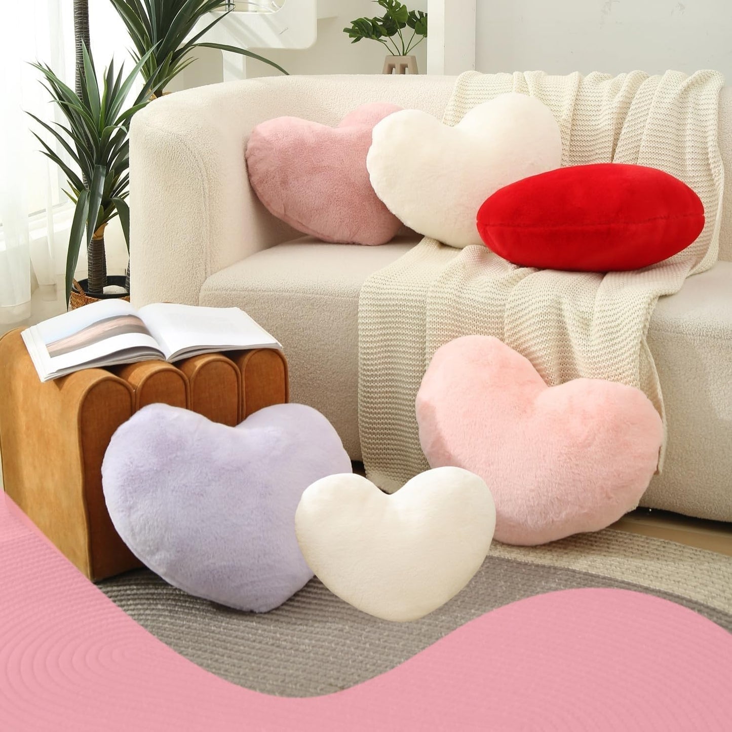 CANGHI 2 Pcs Heart Pillows Pink White Love Heart Shaped Throw Pillows Valentines Wedding Anniversary Faux Rabbit Fluffy Decorative Cushions for Livingroom Bed Sofa Car Couch Home Decor Aesthetic