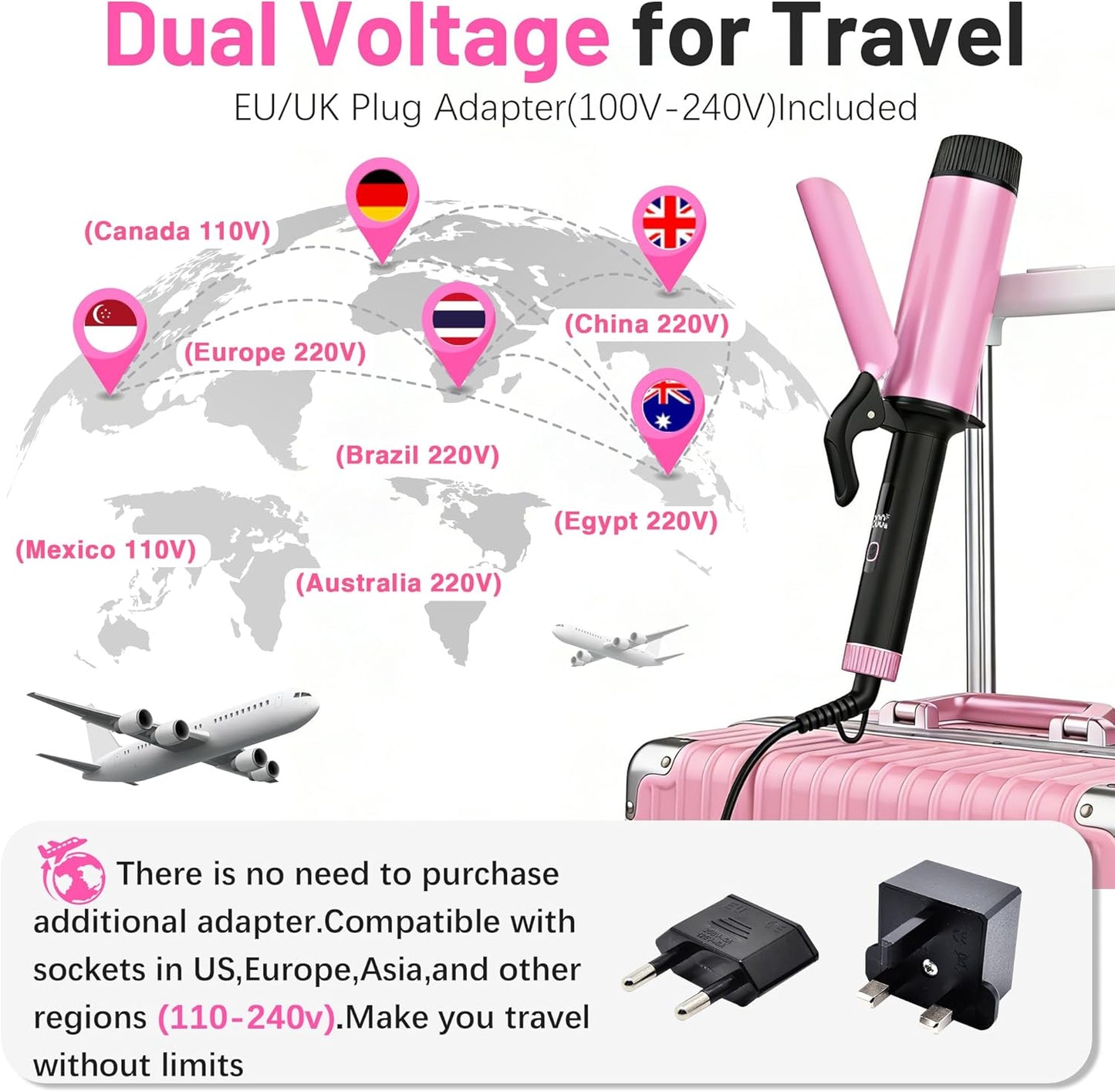 Large Curling Iron 2 Inch,Large Barrel Curling Iron for Long Hair,Dual Voltage Curling Iron 110-240V with European Plug,Curling Wand with Clamp for Loose Curls,5 Temp Digital Display,Temp Lock