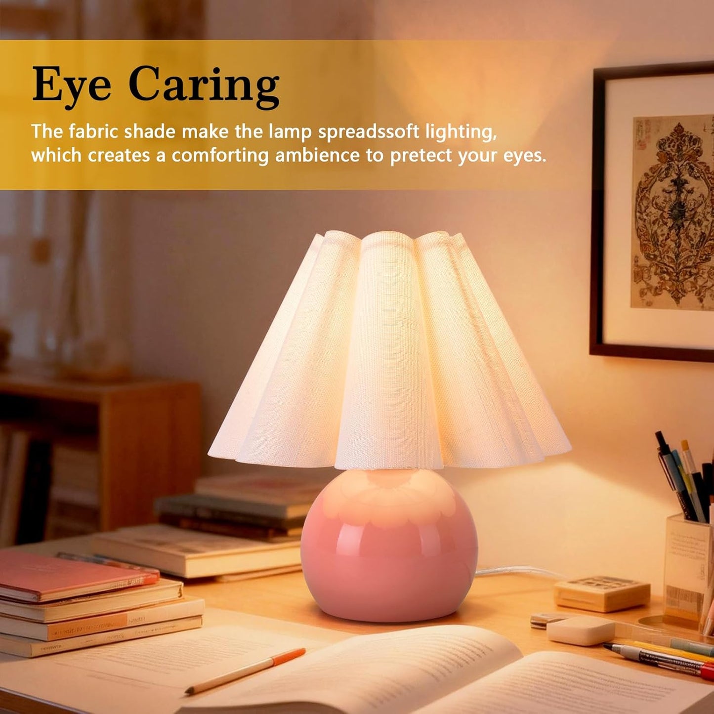 Pink Small Bedside Mini Table Lamp for Bedroom, Cute Bedroom Lamps for Nightstand, Cute Mini Table Lamps for Small Spaces with Scalloped Shade for Kitchen Counter, Bookshelf, Kids Dorm, Home Office