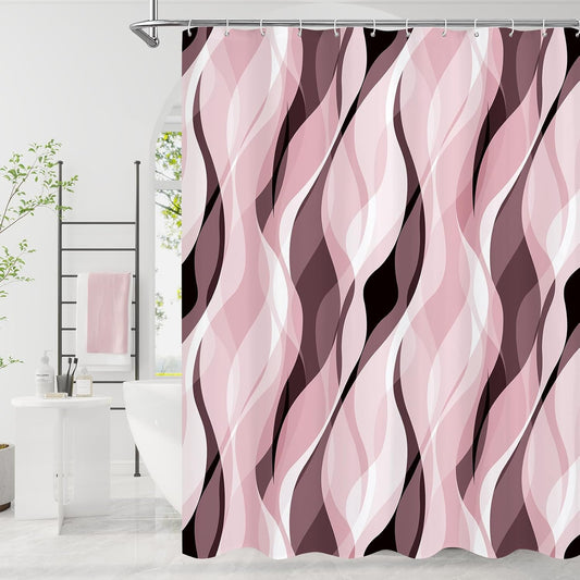 Litabel Pink Black Wavy Ombre Shower Curtain with Luxury Striped Design, Waterproof Quick-Dry Fabric, Modern Abstract Bathroom Curtain Set with 12 Hooks, 72x72 Inches