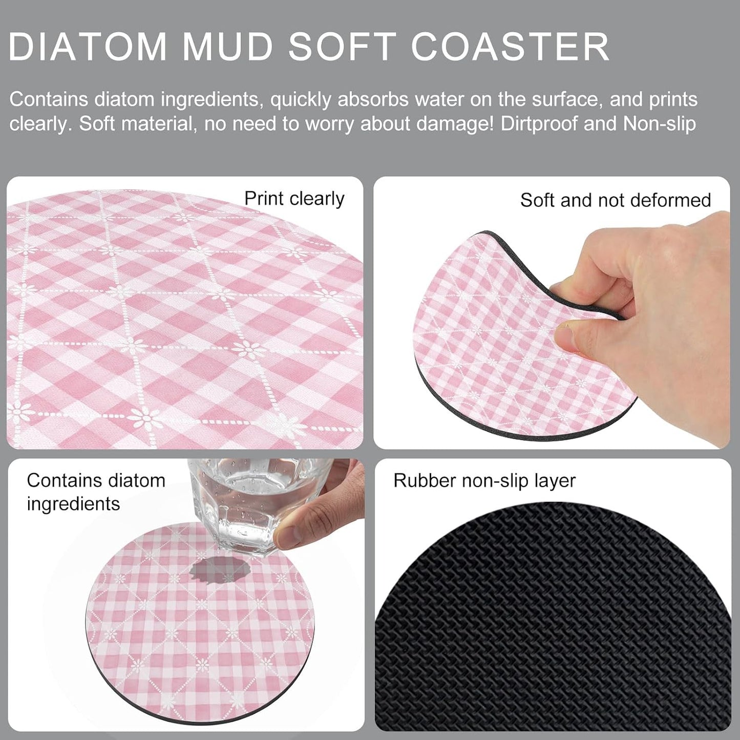 Coasters Set of 6, Pink Plaid Round Drink Coasters for Coffee Table Decor, Farmhouse Art Checkered Modern Absorbent Cup Coaster for Housewarming Gift/Home Décor, 4 Inches